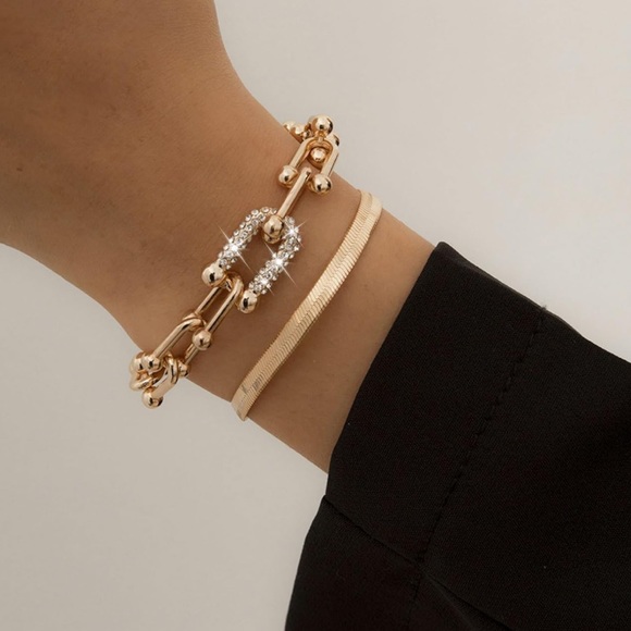 New Layered Bracelet Rhinestone U Chain /Flat Chain Set - Picture 1 of 4